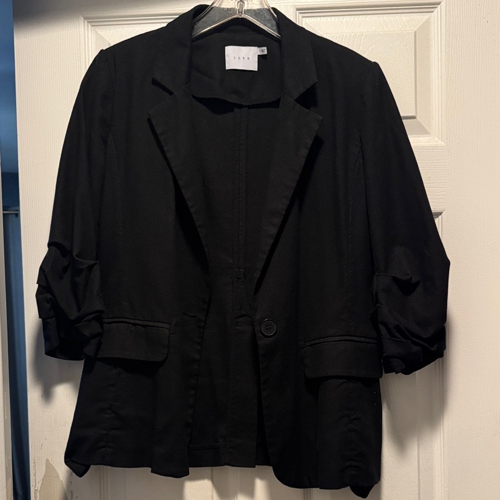 Lush Black Relaxed Open-Front Blazer Linen/Cotton